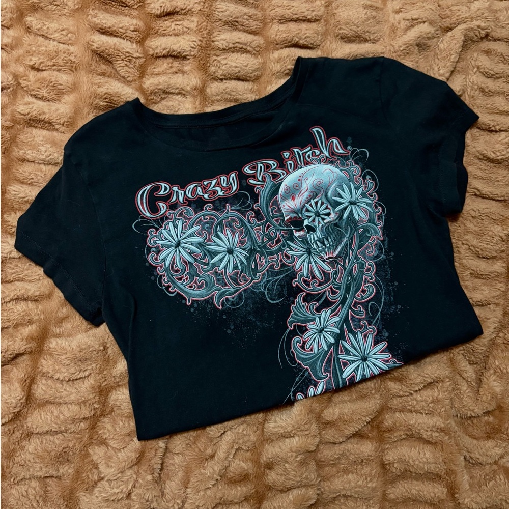 Black Graphic Tee with Skull and Floral Design